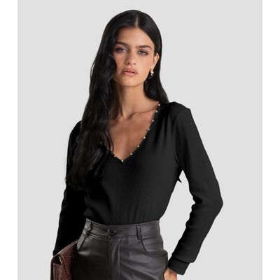 Blusa Feminina Canelada com Rebites Dianna Preto P / Preto