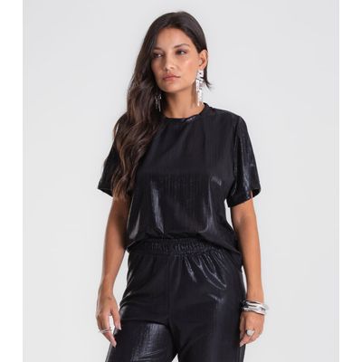 Blusa Feminina em Malha Plissada Cropped Dianna Preto G / Preto