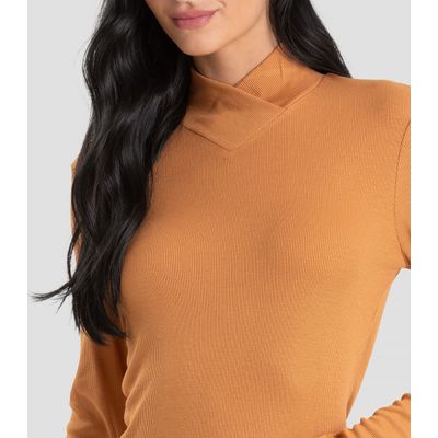 Blusa Feminina Gola Alta Cruzada Canelada Dianna Marrom GG / Marrom