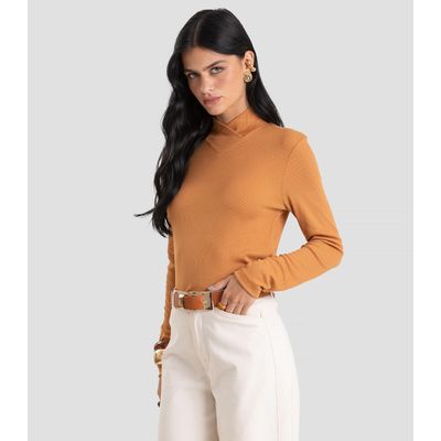 Blusa Feminina Gola Alta Cruzada Canelada Dianna Marrom G / Marrom
