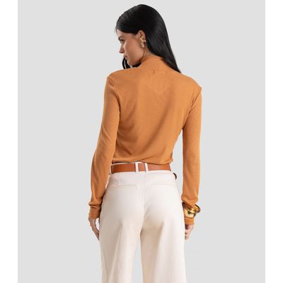 Blusa Feminina Gola Alta Cruzada Canelada Dianna Marrom PP / Marrom