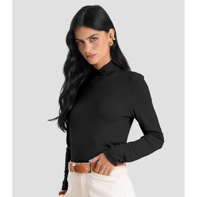 Blusa Feminina Gola Alta Cruzada Canelada Dianna Preto G / Preto