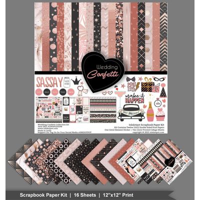 Kit Papel Cartão Scrapbook Dupla Face Tema Confete para Festa 30,5 cm Pacote com Folha de Adesivos 16 Páginas Preto e Rose Gold - Inkdotpot 30,48 Cm × 30,48 Cm / Preto