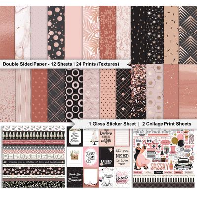 Kit Papel Cartão Scrapbook Dupla Face Tema Confete para Festa 30,5 cm Pacote com Folha de Adesivos 16 Páginas Preto e Rose Gold - Inkdotpot 30,48 Cm × 30,48 Cm / Preto
