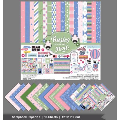 Basics - Tema Pastel Papel Scrapbook Dupla-Face 30,5x30,5 cm Cartolina Kit p/ Cartões c/ Adesivo 16 Pág - Rosa/Azul Claro/Verde - Inkdotpot 30,48 Cm × 30,48 Cm / Rosa