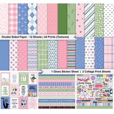 Basics - Tema Pastel Papel Scrapbook Dupla-Face 30,5x30,5 cm Cartolina Kit p/ Cartões c/ Adesivo 16 Pág - Rosa/Azul Claro/Verde - Inkdotpot 30,48 Cm × 30,48 Cm / Rosa