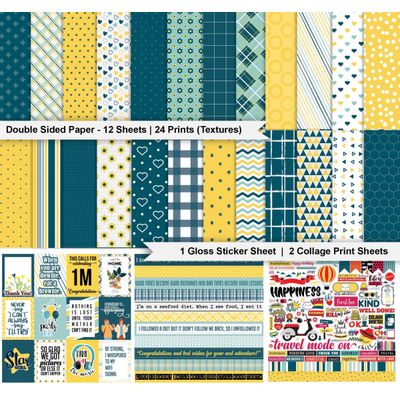 Papel Scrapbook Coleção Fun With Basics Dupla Face 30,5x30,5 cm, Kit 16 Páginas com Adesivos, Amarelo e Verde-Azulado - Inkdotpot 30,48 Cm × 30,48 Cm / Amarelo