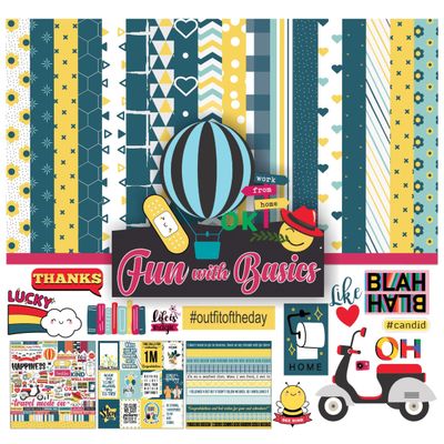Papel Scrapbook Coleção Fun With Basics Dupla Face 30,5x30,5 cm, Kit 16 Páginas com Adesivos, Amarelo e Verde-Azulado - Inkdotpot 30,48 Cm × 30,48 Cm / Amarelo