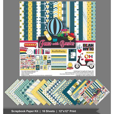 Papel Scrapbook Coleção Fun With Basics Dupla Face 30,5x30,5 cm, Kit 16 Páginas com Adesivos, Amarelo e Verde-Azulado - Inkdotpot 30,48 Cm × 30,48 Cm / Amarelo