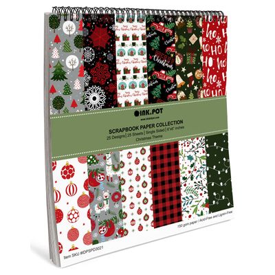 Bloco de Papel Texturizado Tema Natal, 25 Folhas, Lado Único, Papel Cartão Colorido para Scrapbooking, Cartões e Diários - Inkdotpot 15,24 Cm × 15,24 Cm / Multicolorido