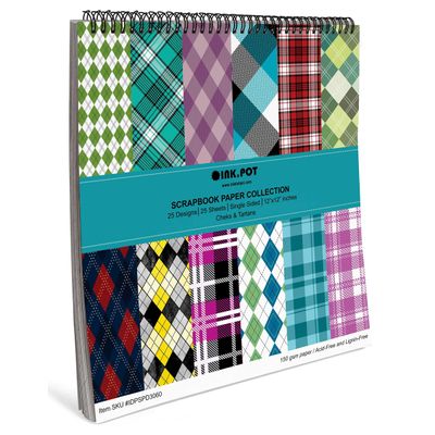 Bloco 25 Folhas Xadrez e Tartã, Papel Cartão Colorido Lado Único para Scrapbook, Fundo Decorativo e Diário - Inkdotpot 30,48 Cm × 30,48 Cm / Multicolorido