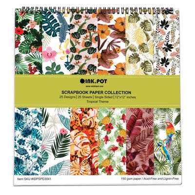 Bloco 25 Folhas de Papel Scrapbook Tropical Lado Único, Cartão Colorido para Scrapbooking, DIY, Fundo Decorativo e Diário - Inkdotpot 15,24 Cm × 15,24 Cm / Multicolorido