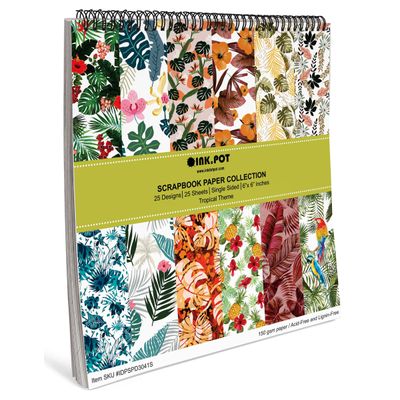 Bloco 25 Folhas de Papel Scrapbook Tropical Lado Único, Cartão Colorido para Scrapbooking, DIY, Fundo Decorativo e Diário - Inkdotpot 15,24 Cm × 15,24 Cm / Multicolorido