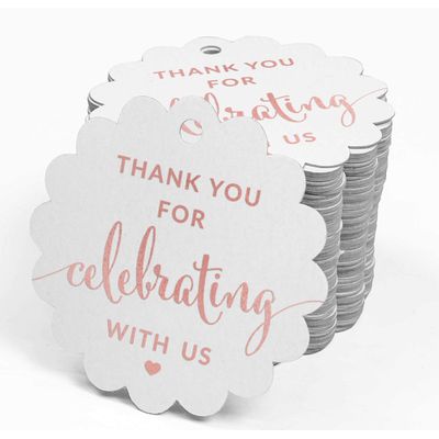 Etiquetas de Papel Foil "Obrigado por Celebrar Conosco" Chá de Bebê/Casamento/Aniversário - Inkdotpot 50 Etiquetas Metalizadas / Branco - Ouro Rosé