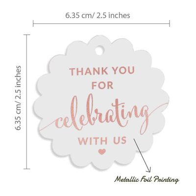 Etiquetas de Papel Foil "Obrigado por Celebrar Conosco" Chá de Bebê/Casamento/Aniversário - Inkdotpot 100 Etiquetas Metalizadas / Branco - Ouro Rosé