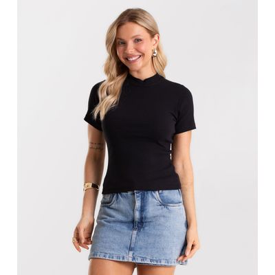 Blusa Feminina Básica Em Ribana Com Gola Rovitex Preto P / Preto
