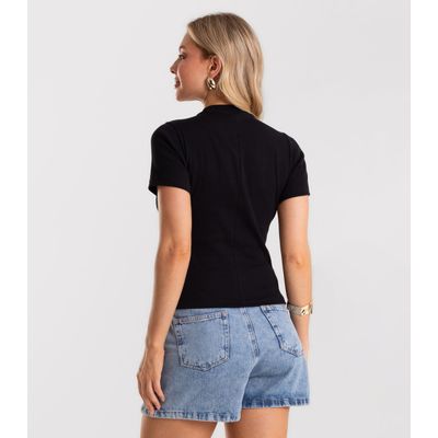 Blusa Feminina Básica Em Ribana Com Gola Rovitex Preto P / Preto