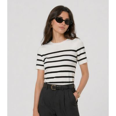 Blusa Feminina Em Tricot Listrado Dianna Bege GG / Bege