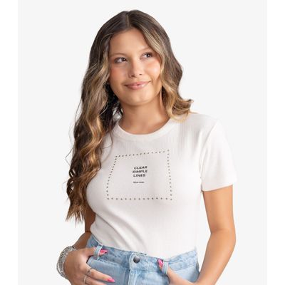 Blusa Feminina Em Ribana Com Termocolante Minty Bege 16 / Bege