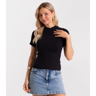 Blusa Feminina Básica Em Ribana Com Gola Rovitex Preto M / Preto