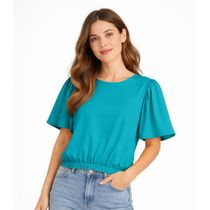 Blusa Feminina Com Franzido Na Manga Infinita Cor Azul
