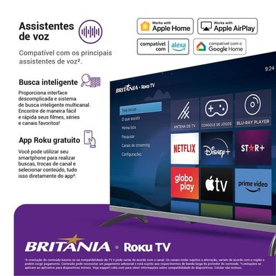 Smart TV 32 Polegadas HD Britânia B32KRA Roku TV Wi-Fi Dolby Audio Preto