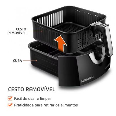 Fritadeira Elétrica Sem Óleo Air Fryer Mondial AFN-60 6L Preto com Inox / 110V