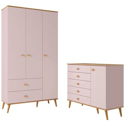 Guarda-Roupa Bartira Ternura com 3 Portas, 2 Gavetas + Cômoda Bartira Ternura com 5 Gavetas e 1 Porta Rosa Wood