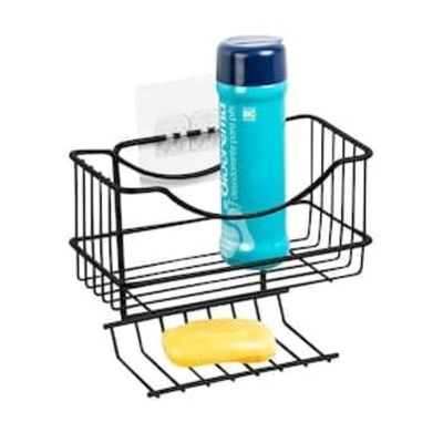 Porta Shampoo com Saboneteira Utimil Preto Brilhante Adesivo PVC 16x19,5x11cm Suporta 3kg Preto