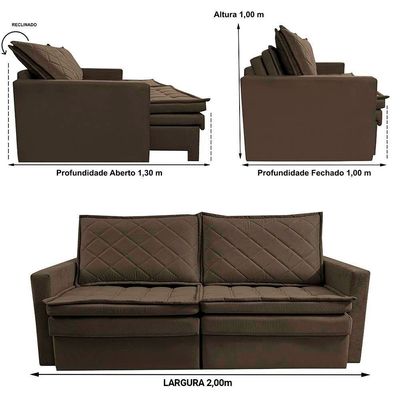 Sofá 3 Lugares Cama InBox Marselha II Retrátil Reclinável com Baú Revestimento Suede Velusoft Café