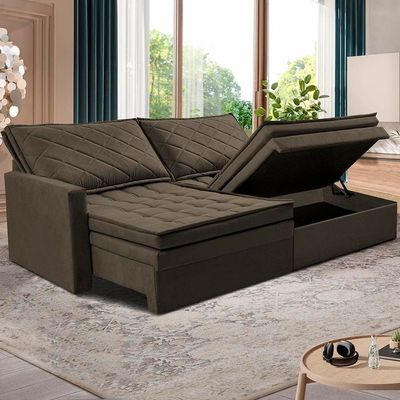 Sofá 3 Lugares Cama InBox Marselha II Retrátil Reclinável com Baú Revestimento Suede Velusoft Café