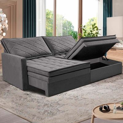 Sofá 3 Lugares Cama InBox Marselha II Retrátil Reclinável com Baú Revestimento Suede Velusoft Cinza
