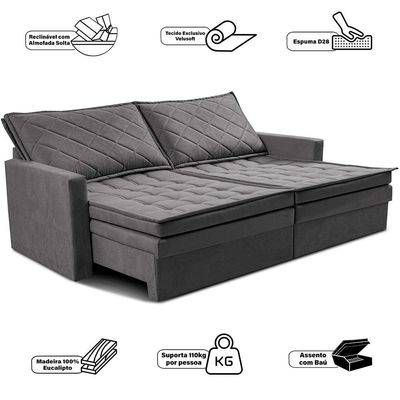 Sofá 3 Lugares Cama InBox Marselha II Retrátil Reclinável com Baú Revestimento Suede Velusoft Cinza