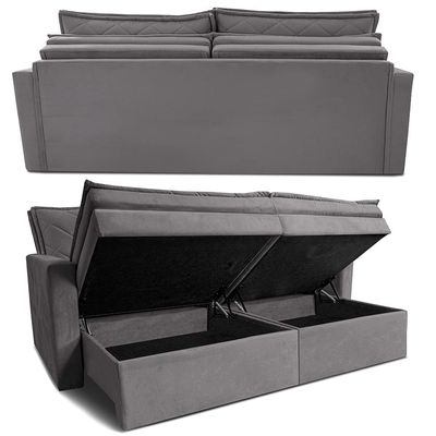 Sofá 3 Lugares Cama InBox Marselha II Retrátil Reclinável com Baú Revestimento Suede Velusoft Cinza
