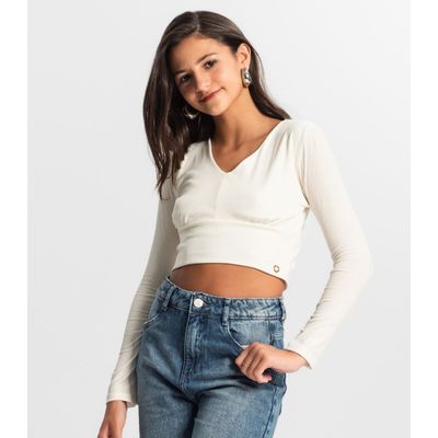 Blusa Cropped Juvenil Manga Longa Minty Bege 18 / Bege