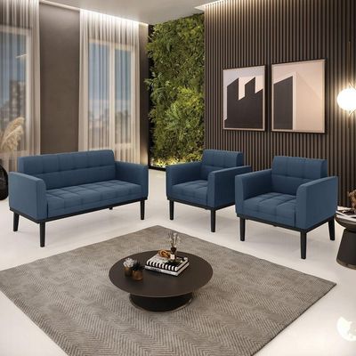 Sofá Namoradeira E 2 Poltronas Base De Madeira Preto Elisa Suede Azul Marinho D03 - D'rossi