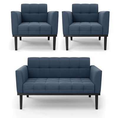 Sofá Namoradeira E 2 Poltronas Base De Madeira Preto Elisa Suede Azul Marinho D03 - D'rossi