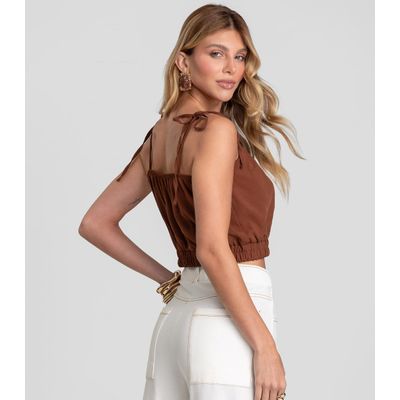 Blusa Cropped Feminina De Alça Em Viscose Dianna Marrom PP / Marrom