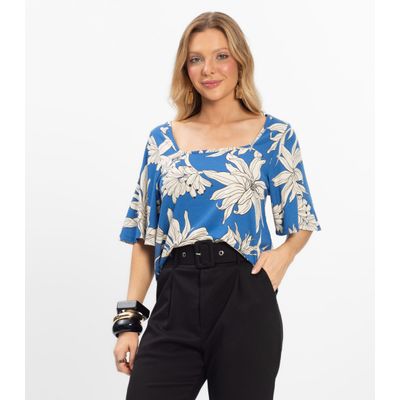 Blusa Cropped Feminina Visco Maquinetada Rovitex Azul P / Azul