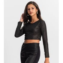 Blusa Cropped Juvenil Manga Longa Minty Preto