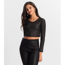 Blusa Cropped Juvenil Manga Longa Minty Preto