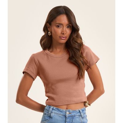 Blusa Cropped Ribana Básica Rovitex Marrom G / Marrom