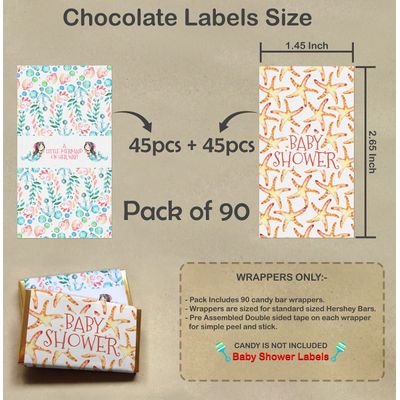 Pacote com 90 Envoltórios de Doces e Adesivos para Mini Barras de Chocolate para Chá de Bebê de Menina (Sem Doces) (Sereia) - Inkdotpot 3,68 Cm × 6,73 Cm / Branco