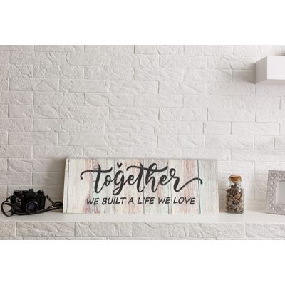 Tela Canvas Esticada com Frase 'Juntos Construímos Uma Vida Que Amamos' Placa Decorativa Rústica Estilo Fazenda Simulada - Inkdotpot 20,32 Cm × 60,96 Cm / Azul