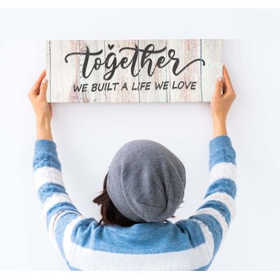 Tela Canvas Esticada com Frase 'Juntos Construímos Uma Vida Que Amamos' Placa Decorativa Rústica Estilo Fazenda Simulada - Inkdotpot 20,32 Cm × 60,96 Cm / Azul