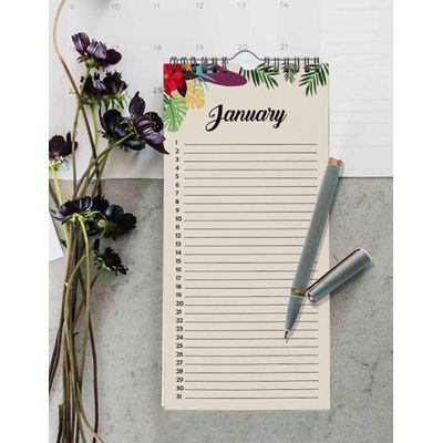 Calendário Perpétuo Rústico Flamingo e Floral, Painel de Parede Lembrete de Aniversários e Eventos, Organizador/Caderno - Inkdotpot 27,94 Cm × 13,72 Cm / Bege