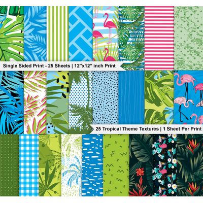 Bloco 25 Folhas de Papel para Scrapbook Textura Tropical Lado Único Cartolina Colorida para Cartões e Diário - Inkdotpot 15,24 Cm × 15,24 Cm / Multicolorido