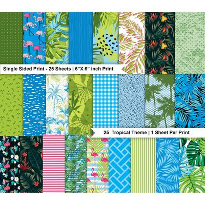 Bloco 25 Folhas de Papel para Scrapbook Textura Tropical Lado Único Cartolina Colorida para Cartões e Diário - Inkdotpot 15,24 Cm × 15,24 Cm / Multicolorido