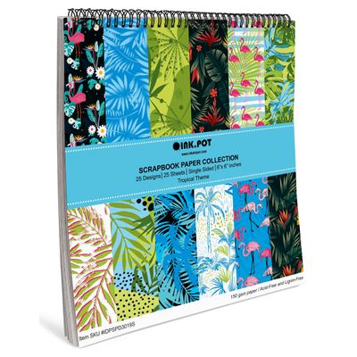Bloco 25 Folhas de Papel para Scrapbook Textura Tropical Lado Único Cartolina Colorida para Cartões e Diário - Inkdotpot 15,24 Cm × 15,24 Cm / Multicolorido