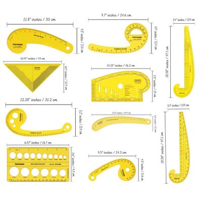 Conjunto de 10 Réguas Métricas Francesas de Costura Plásticas em Formato Curvo para Designers e Alfaiates - Traceease Amarelo